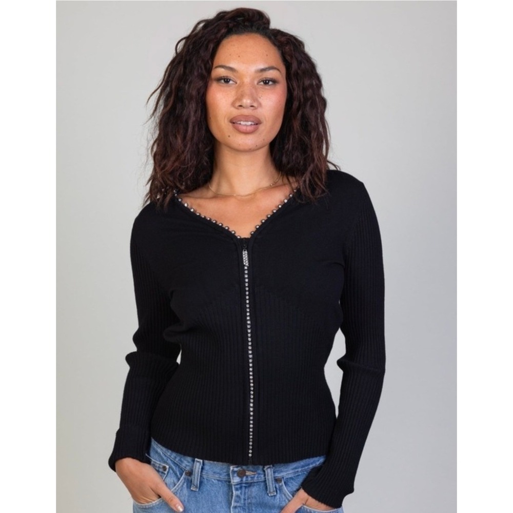 Belldini Women's Black S Rhinestone Zip Front Ribbed Knit Cardigan Sweater Glam